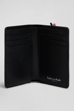 Navy blue French-style wallet with pink ribbon