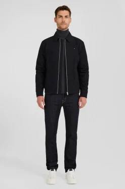 Navy blue gabardine cotton zip-up jacket with shirt collar