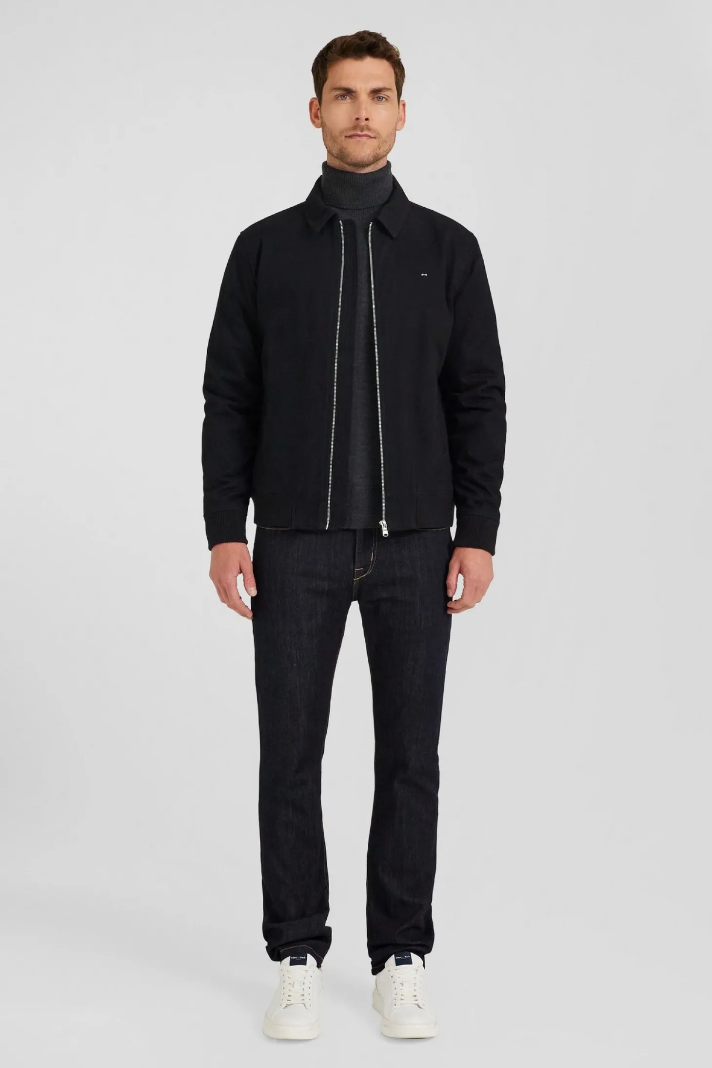 Navy blue gabardine cotton zip-up jacket with shirt collar