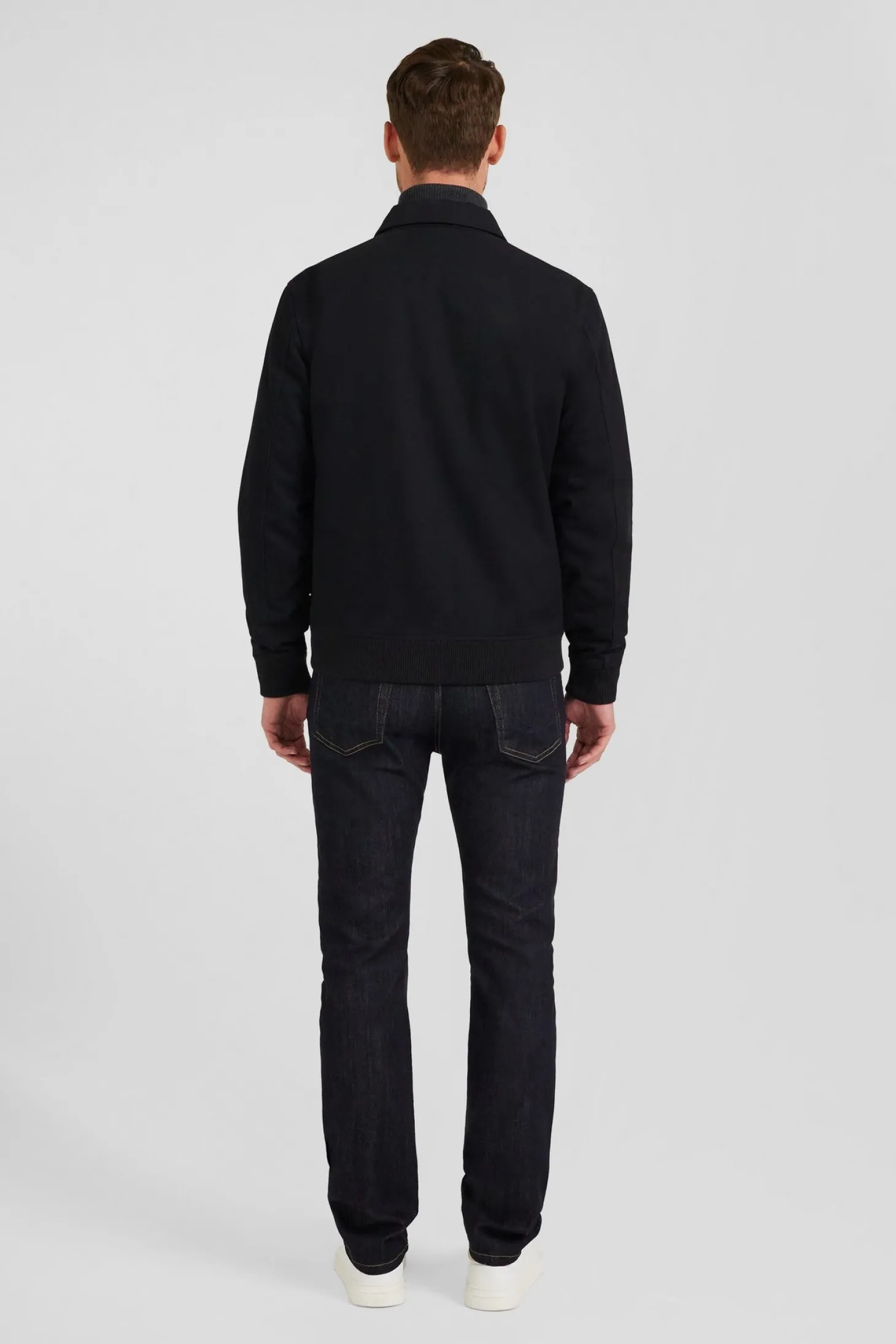 Navy blue gabardine cotton zip-up jacket with shirt collar
