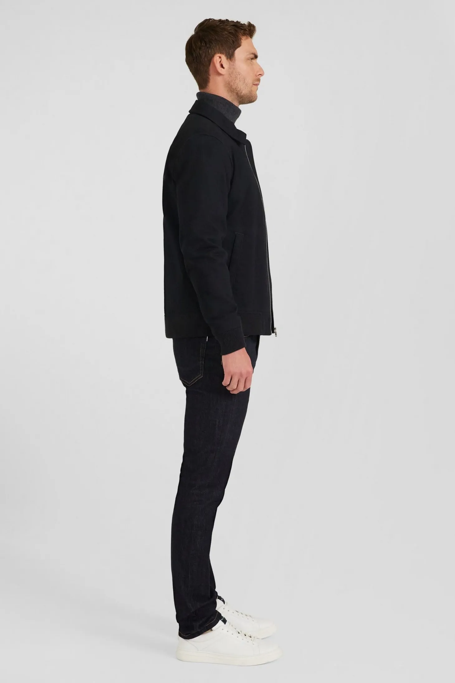 Navy blue gabardine cotton zip-up jacket with shirt collar