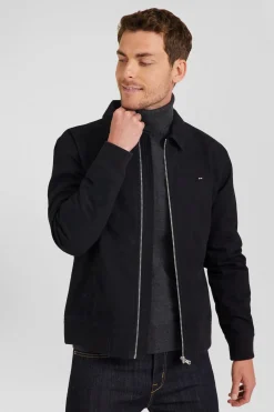 Navy blue gabardine cotton zip-up jacket with shirt collar