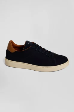 Navy blue grained leather low-top sneakers