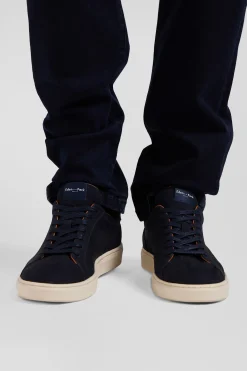Navy blue grained leather low-top sneakers