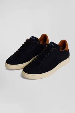 Navy blue grained leather low-top sneakers