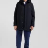 Navy blue hooded nylon raincoat