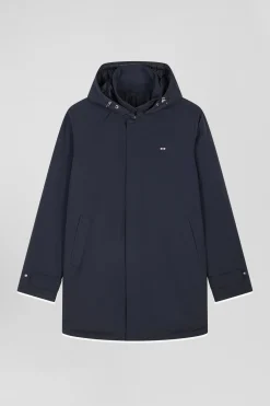 Navy blue hooded nylon raincoat