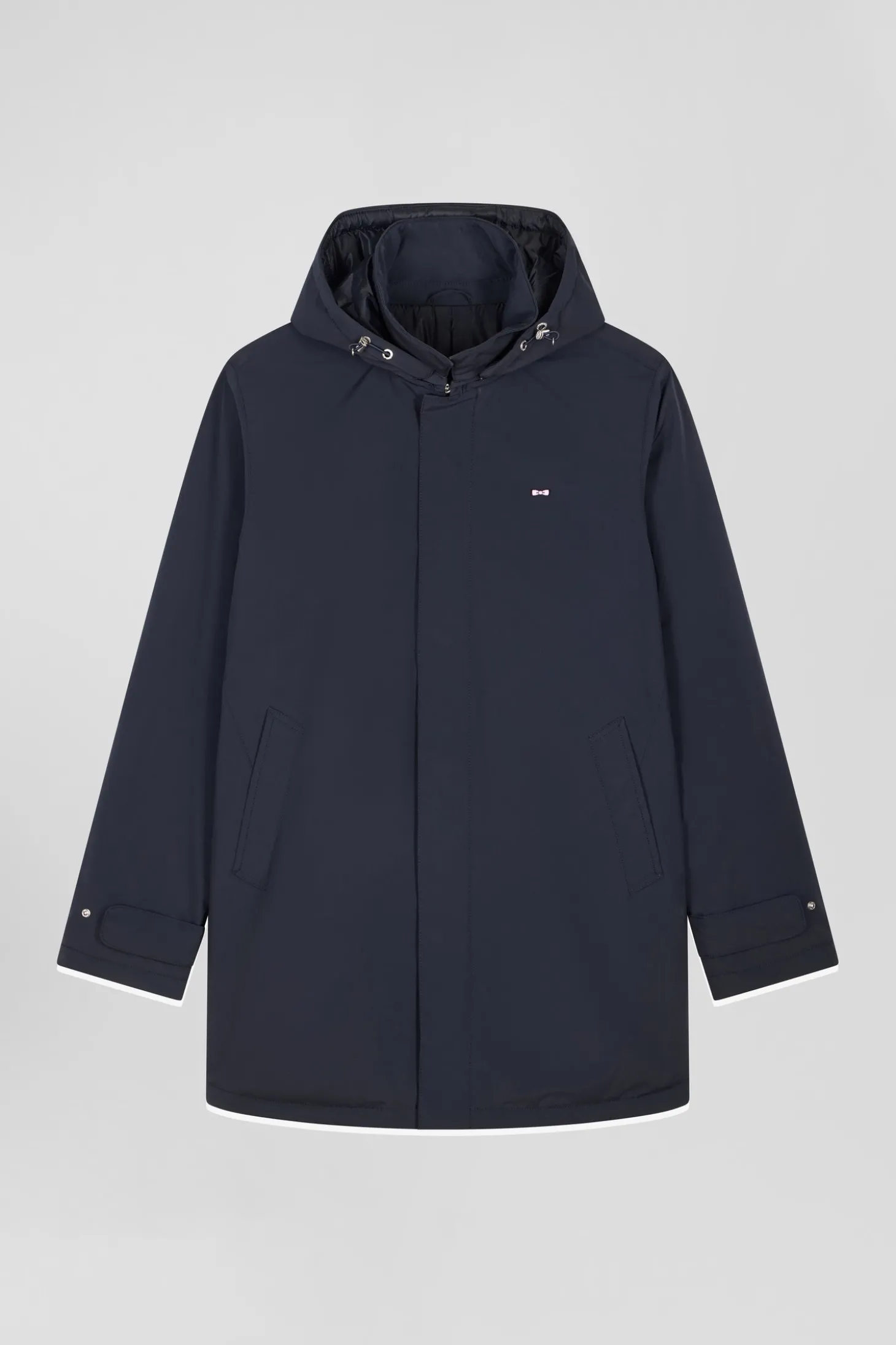 Navy blue hooded nylon raincoat