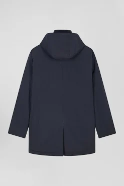 Navy blue hooded nylon raincoat