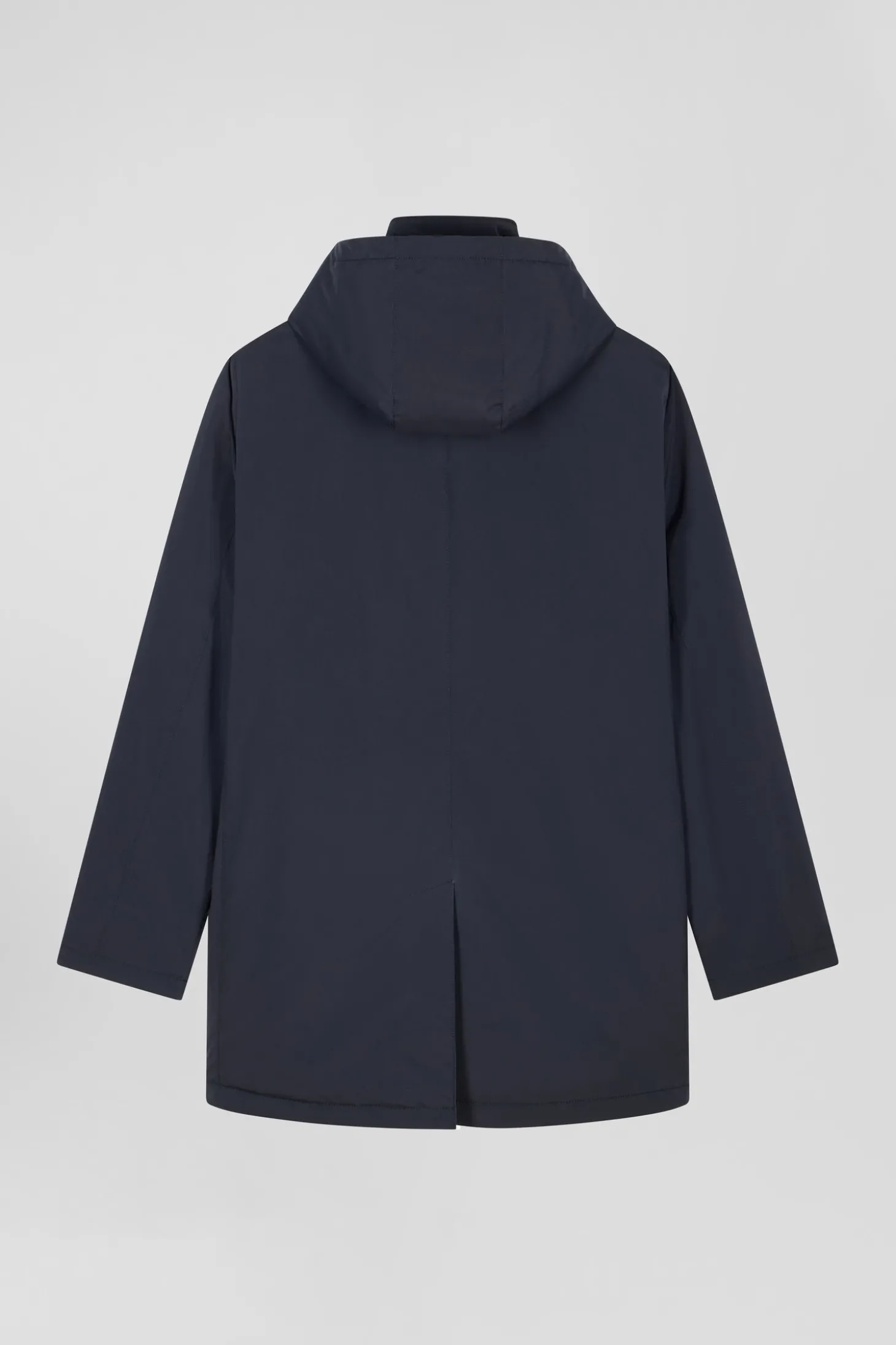 Navy blue hooded nylon raincoat