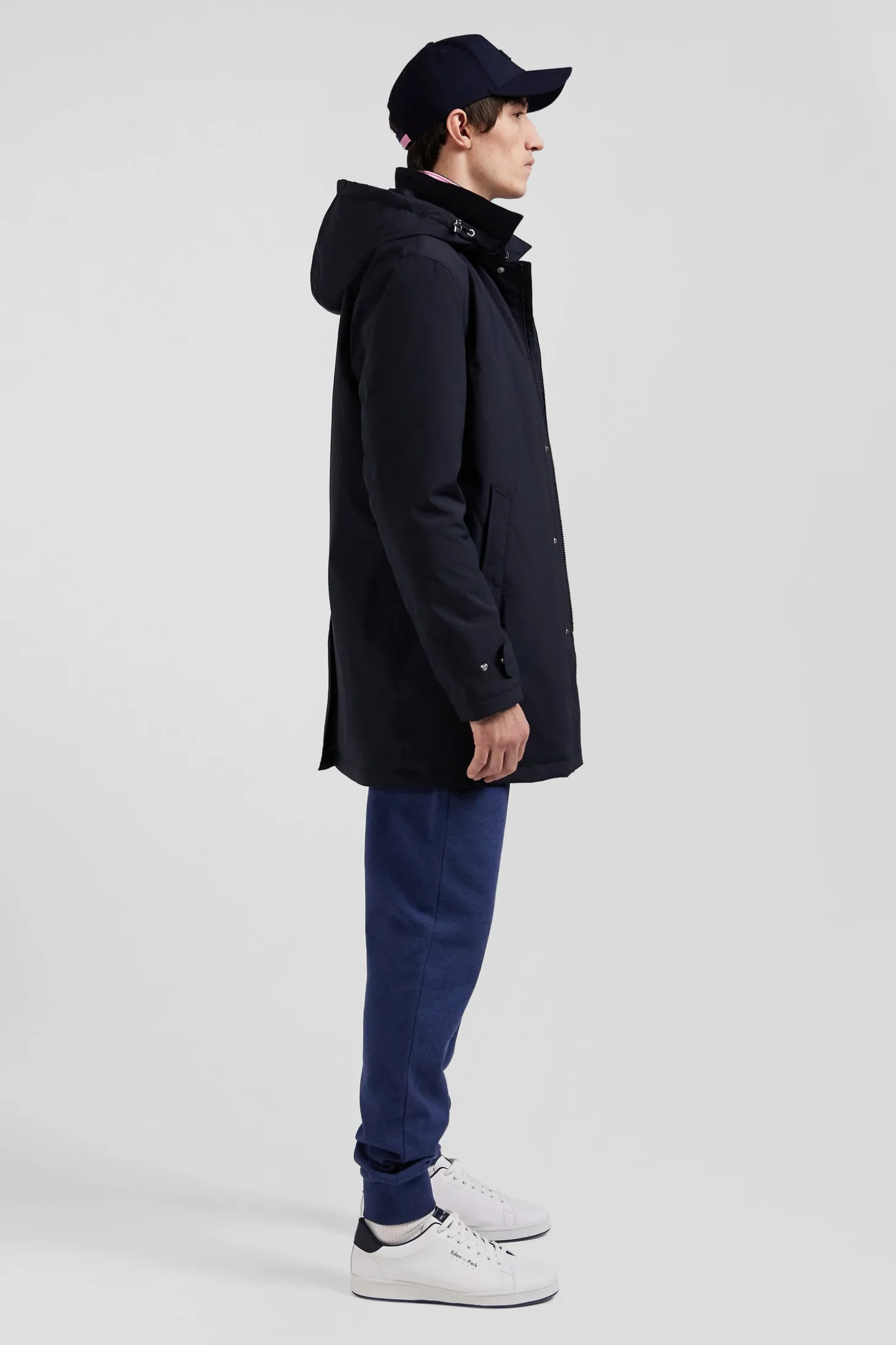 Navy blue hooded nylon raincoat