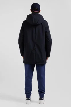 Navy blue hooded nylon raincoat