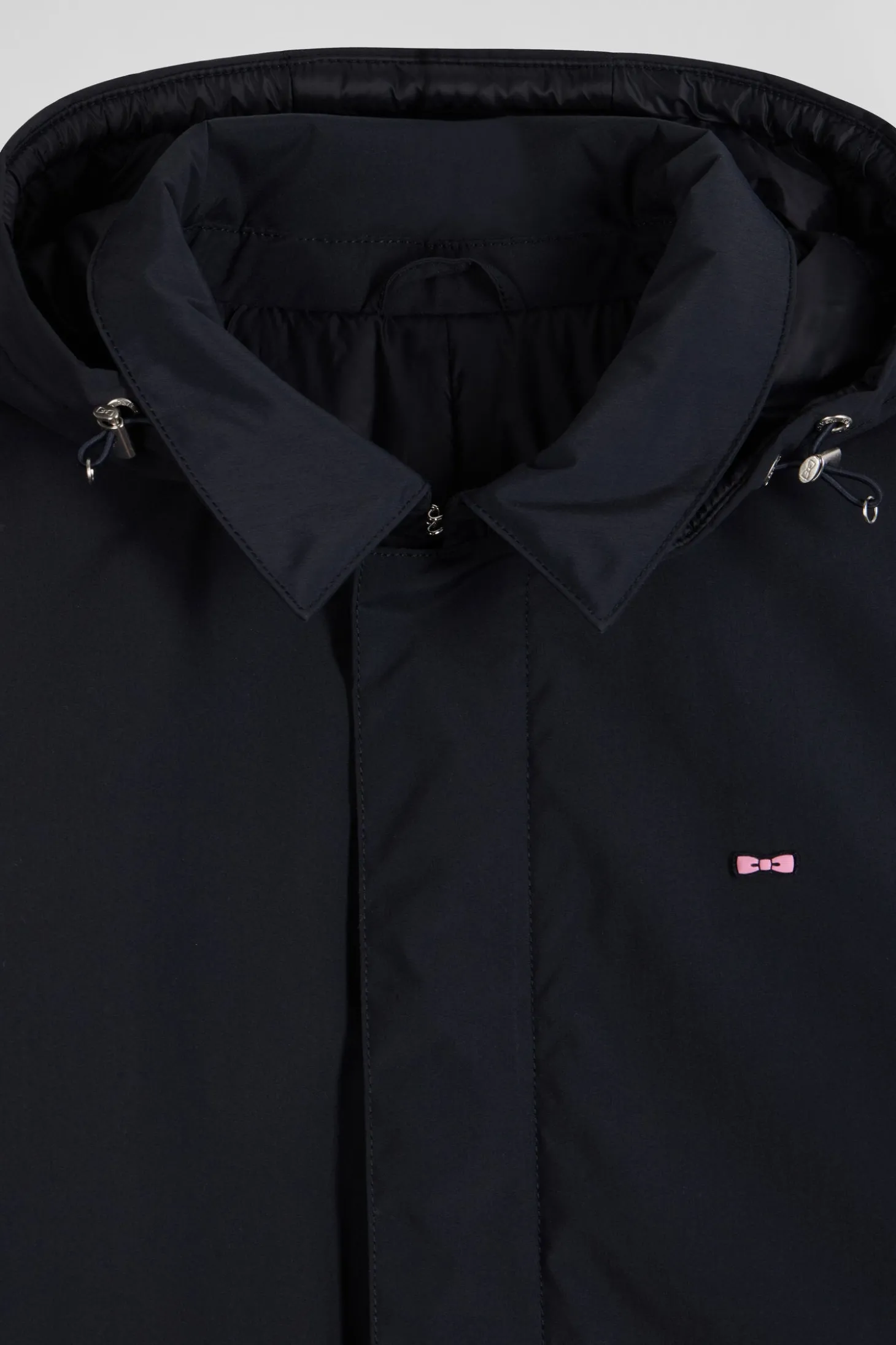 Navy blue hooded nylon raincoat