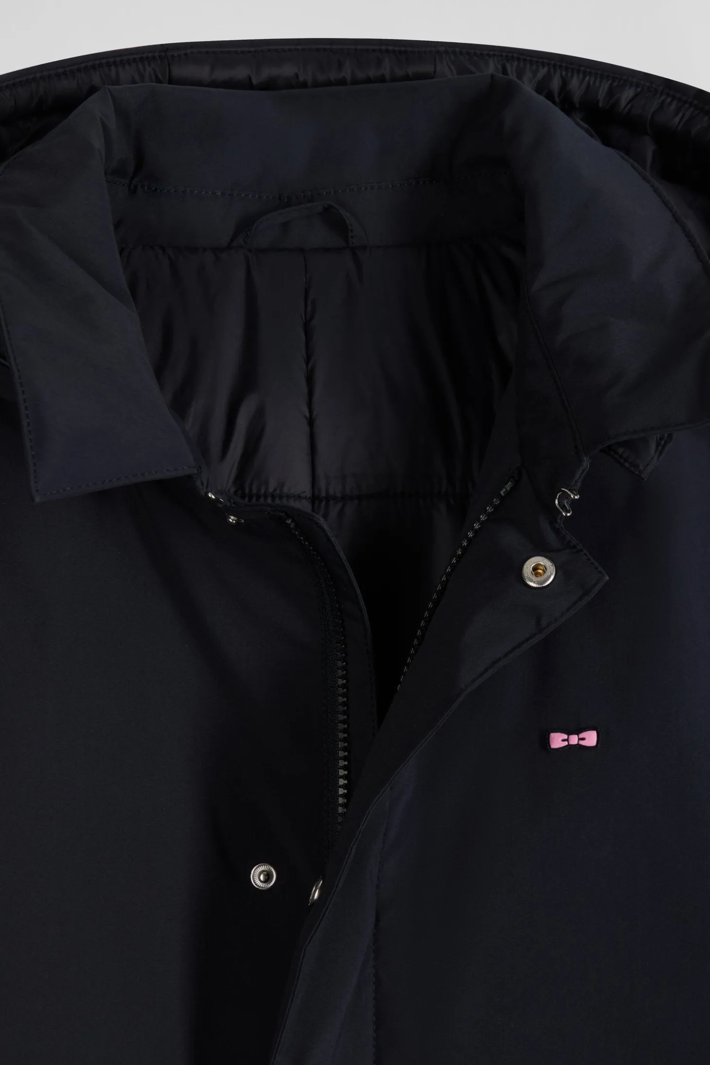 Navy blue hooded nylon raincoat