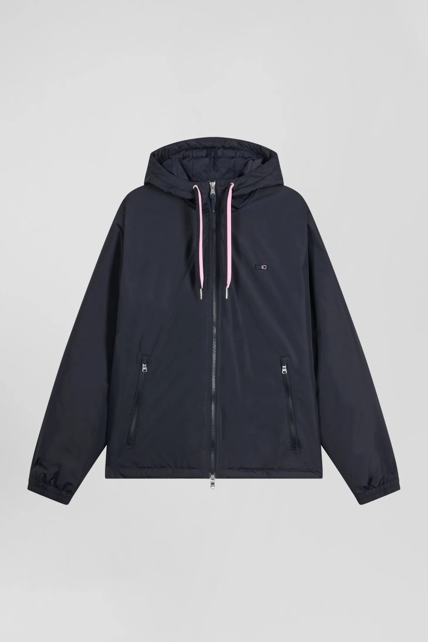 Navy blue hooded windbreaker jacket