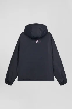 Navy blue hooded windbreaker jacket