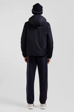 Navy blue hooded windbreaker jacket