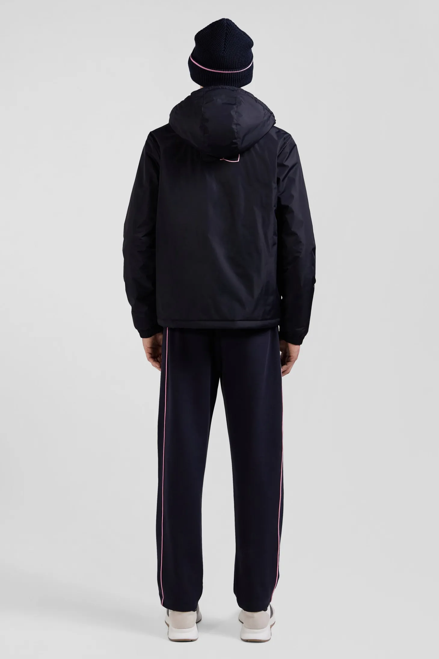 Navy blue hooded windbreaker jacket