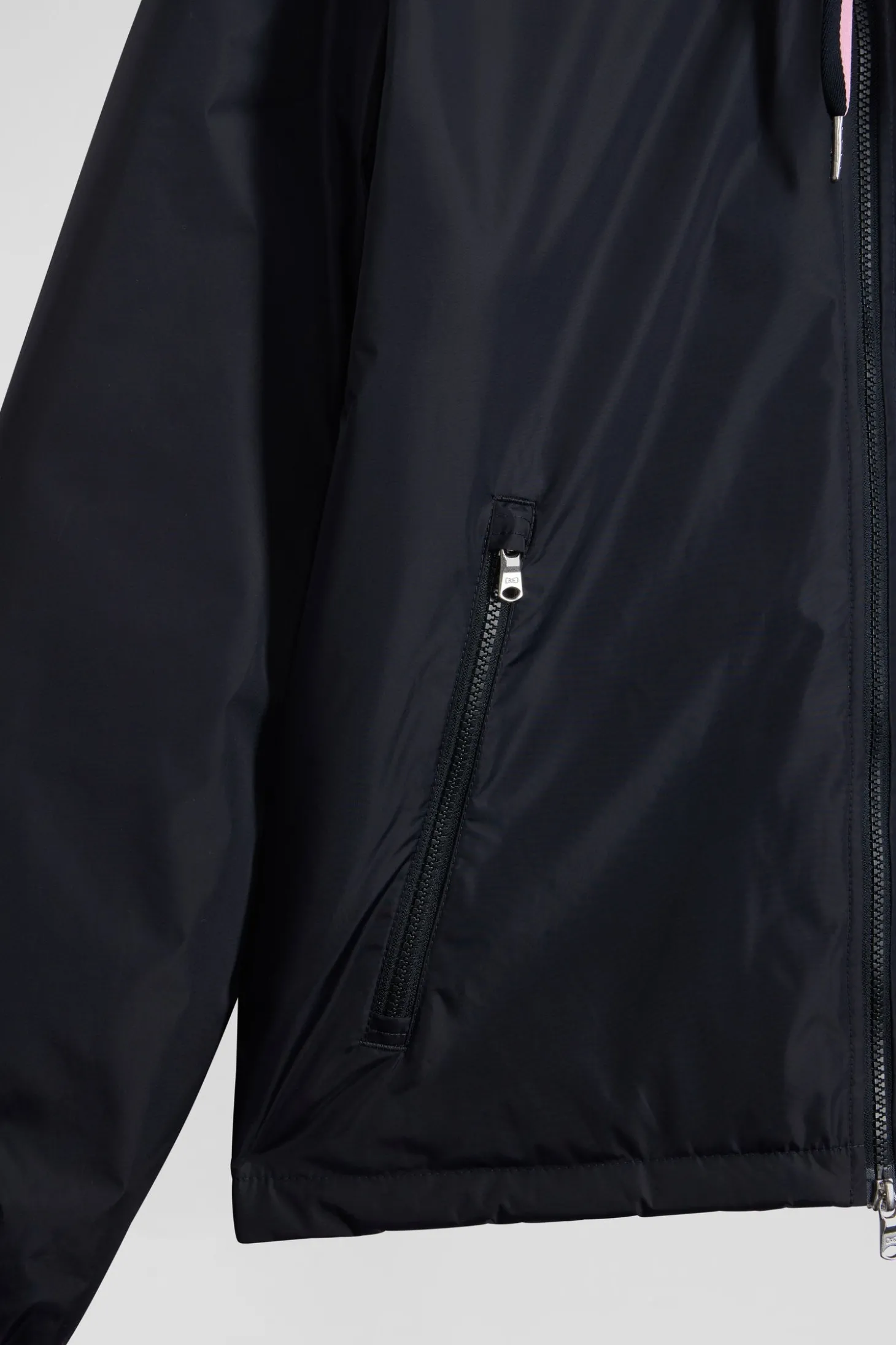 Navy blue hooded windbreaker jacket
