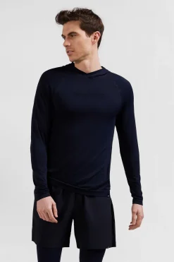 Navy blue hoodie with striped sleeves