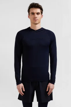 Navy blue hoodie with striped sleeves