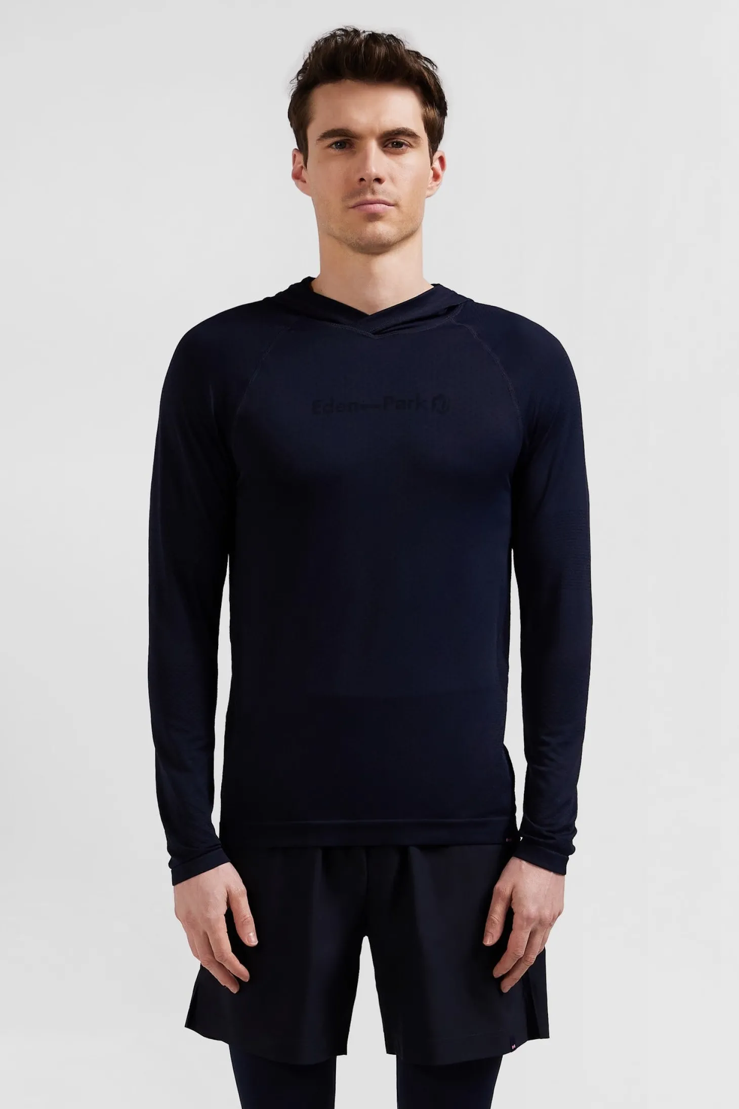 Navy blue hoodie with striped sleeves