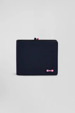 Navy blue Italian-style wallet with pink ribbon