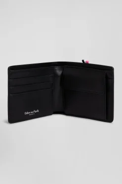 Navy blue Italian-style wallet with pink ribbon