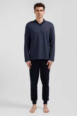 Navy blue long cotton blend pajamas