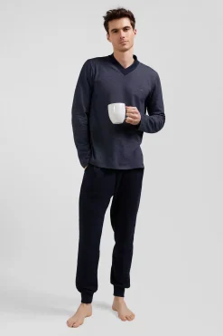 Navy blue long cotton blend pajamas