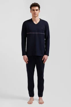 Navy blue long cotton pajamas with white piping