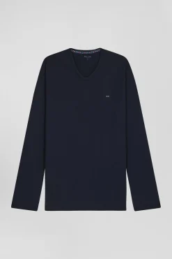 Navy blue long cotton pajamas with check trousers