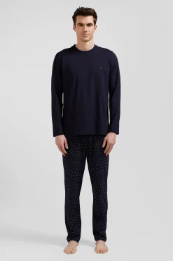 Navy blue long cotton pajamas with micro pattern trousers