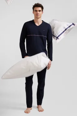 Navy blue long cotton pajamas with white piping
