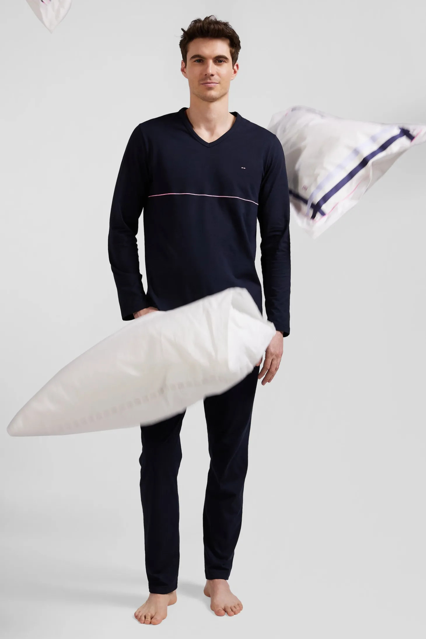 Navy blue long cotton pajamas with white piping