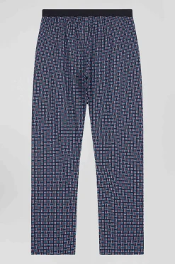 Navy blue long cotton pajamas with check trousers