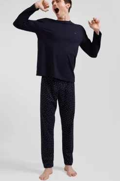 Navy blue long cotton pajamas with micro pattern trousers
