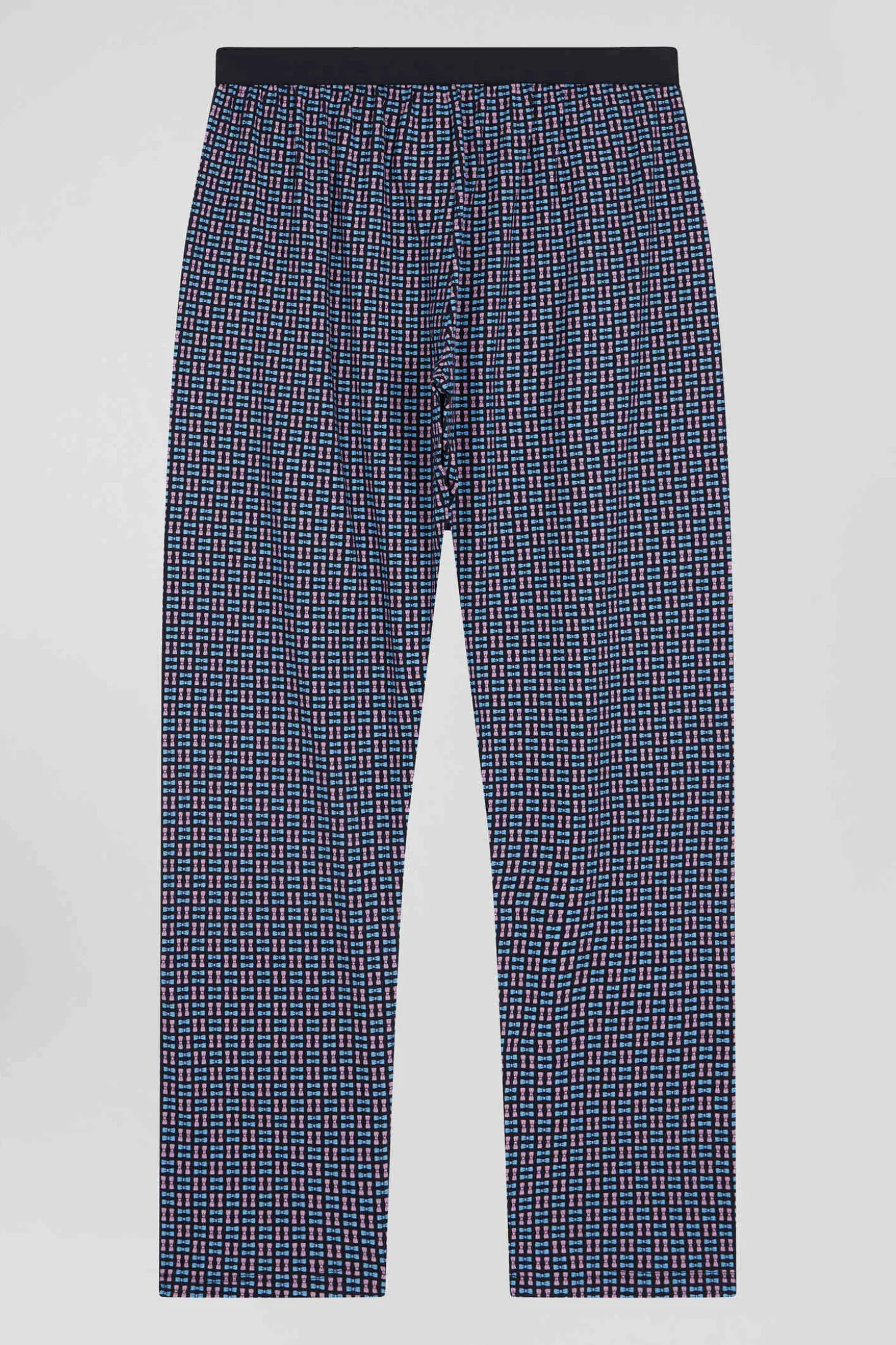 Navy blue long cotton pajamas with check trousers