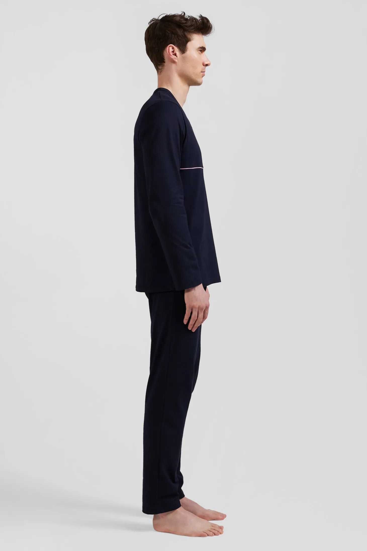 Navy blue long cotton pajamas with white piping