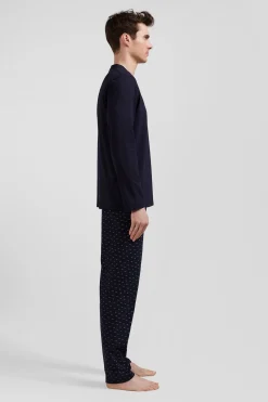 Navy blue long cotton pajamas with micro pattern trousers