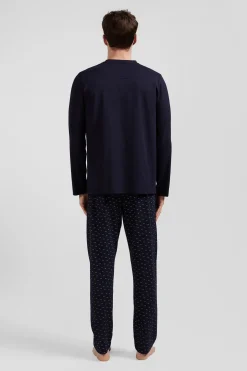 Navy blue long cotton pajamas with micro pattern trousers
