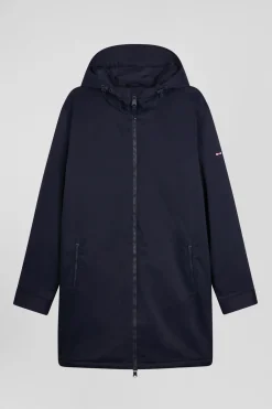 Navy blue long hooded nylon parka