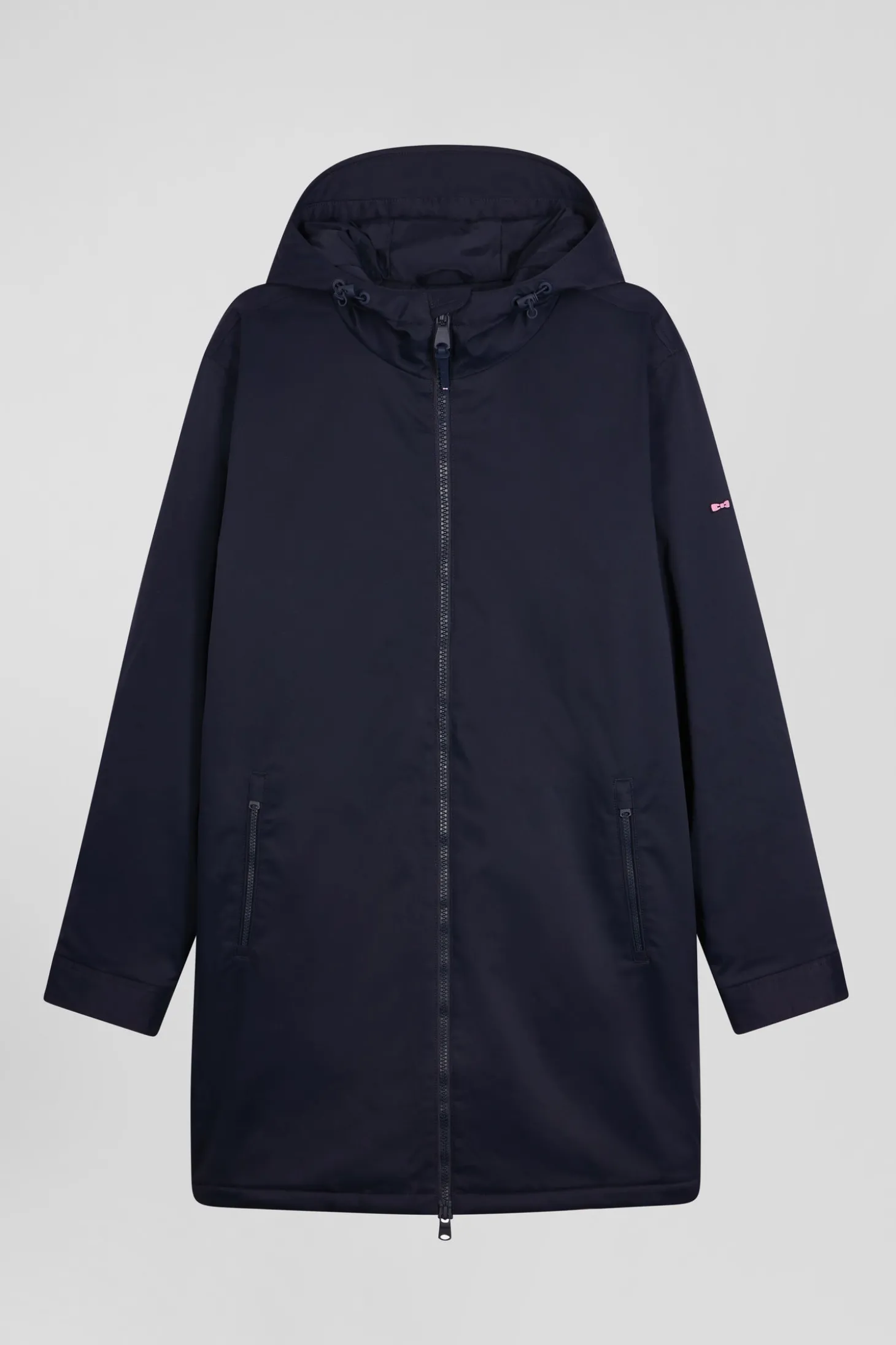 Navy blue long hooded nylon parka