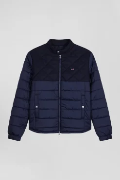 Navy blue long-sleeved double quilted high collar down jacket