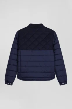 Navy blue long-sleeved double quilted high collar down jacket