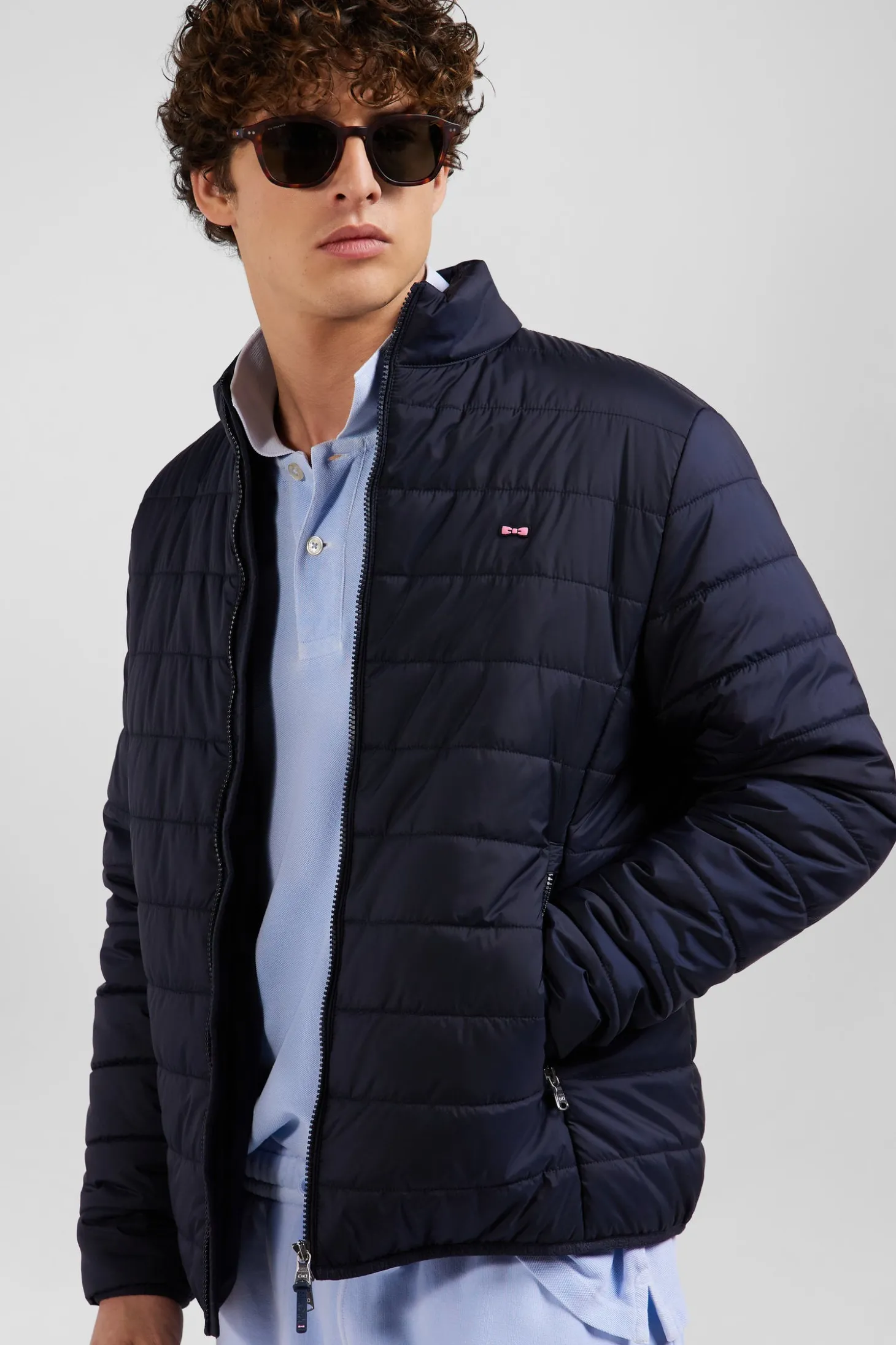 Navy blue long-sleeved high collar down jacket