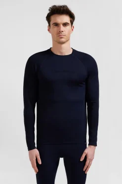 Navy blue long-sleeved sports T-shirt with striped details