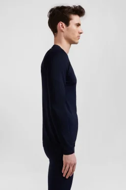 Navy blue long-sleeved sports T-shirt with striped details