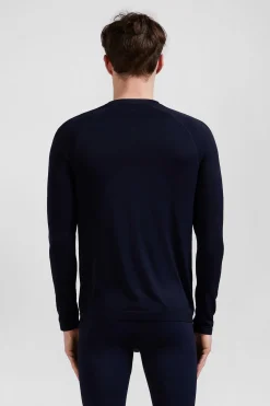 Navy blue long-sleeved sports T-shirt with striped details