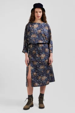 Navy blue lyocell floral dress with long sleeves
